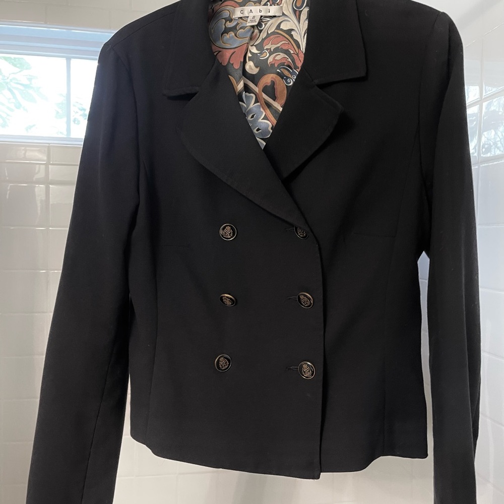 Cabi jacket black lined , double breasted, gold buttons on front and back size 6